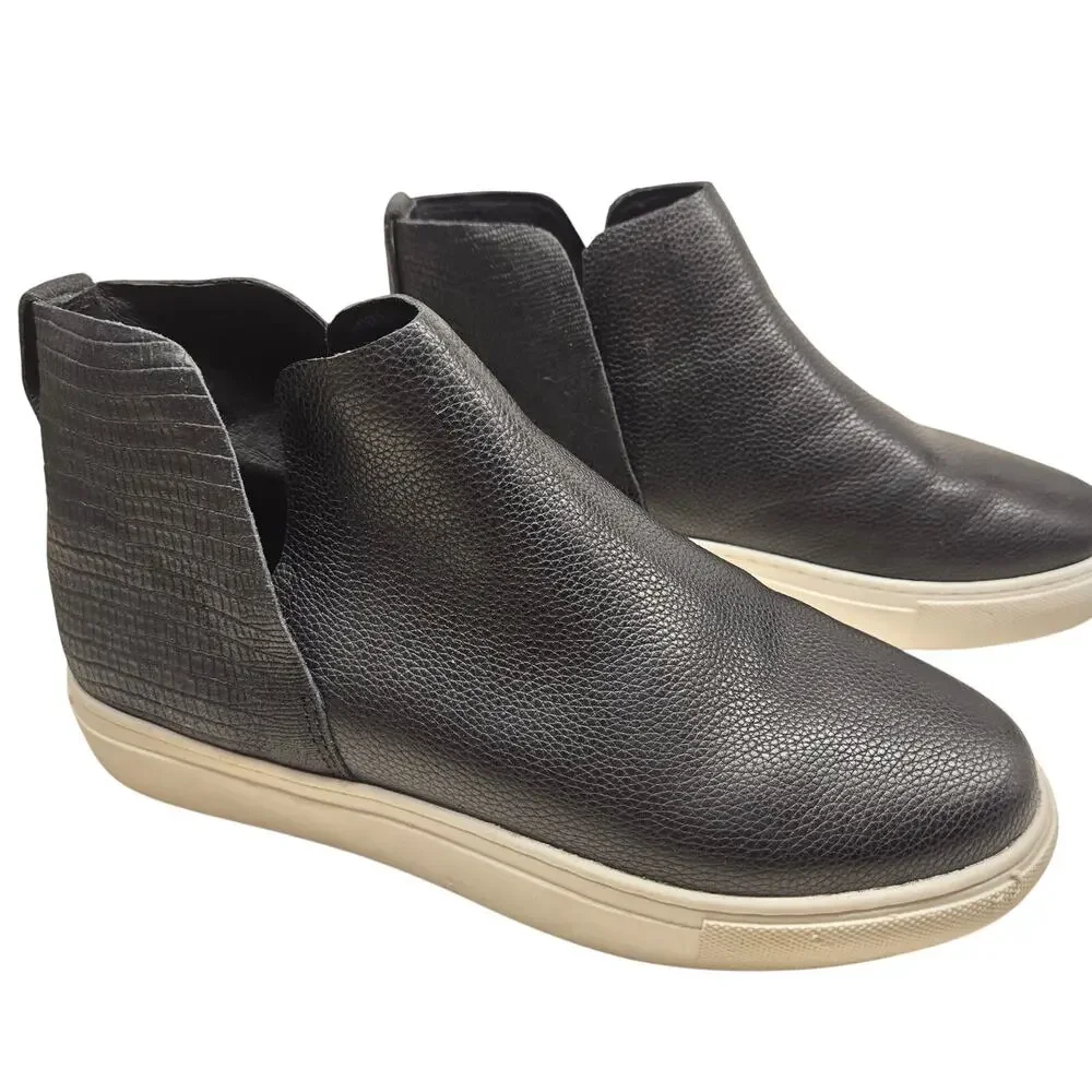 Birdies The Falcon Black Leather Slip-On Sneaker Bootie Hidden Wedge, Size 7.5